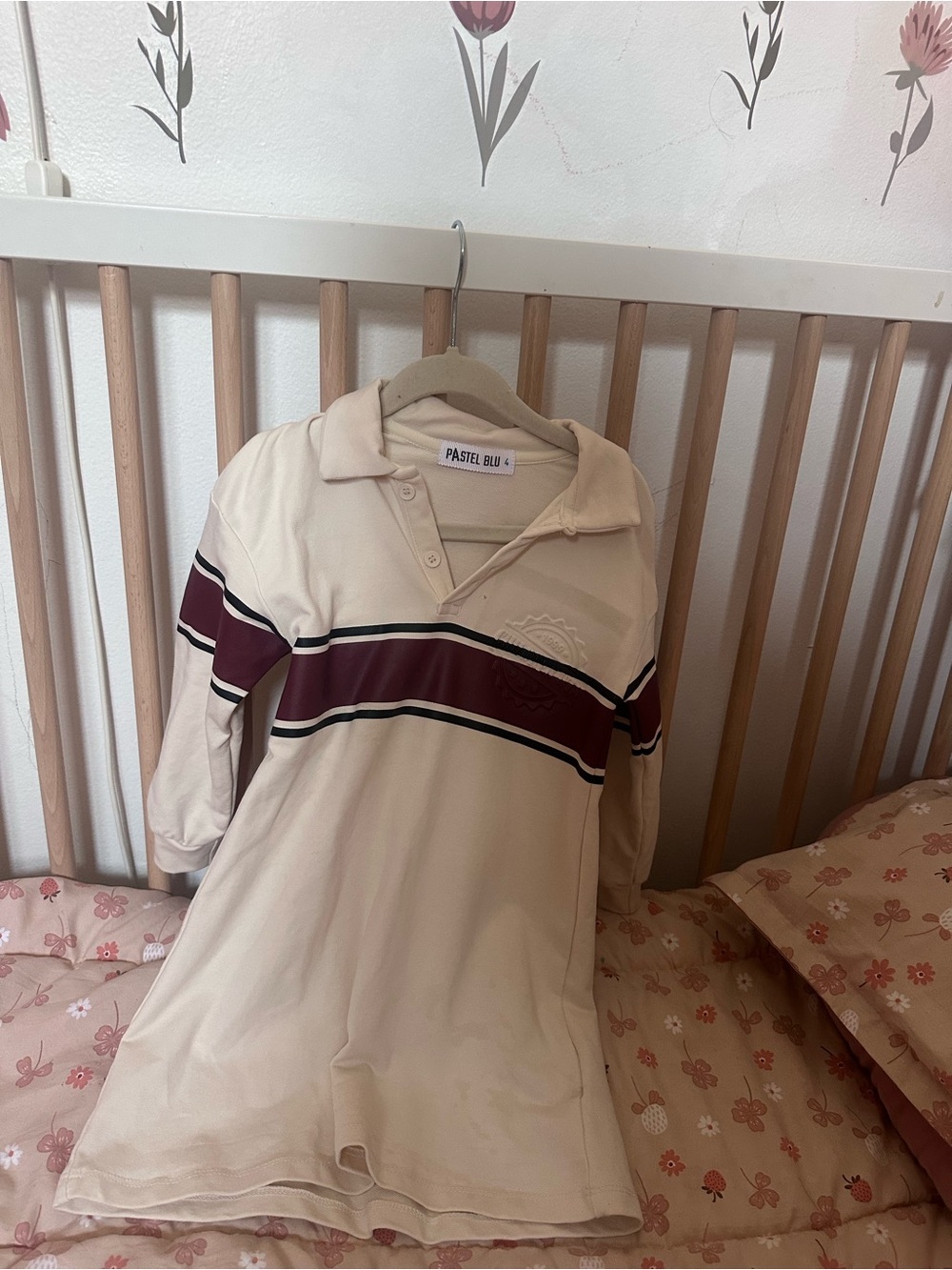 Girls' Cream Polo Dress with Burgundy Stripe